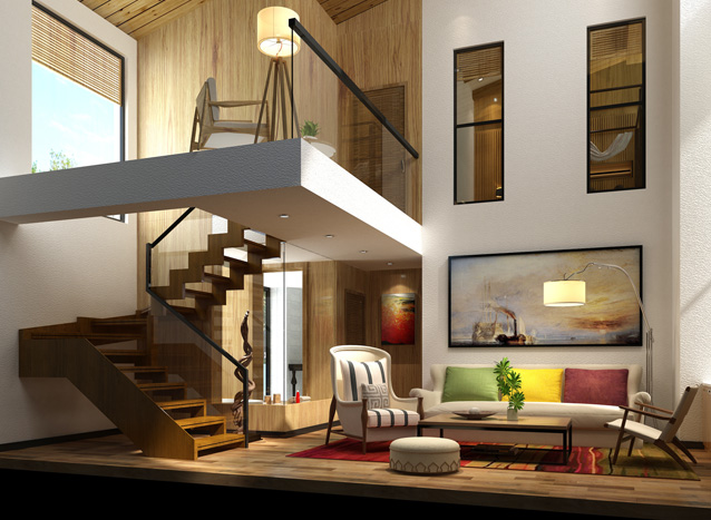 Dubbelhoge hal met een open houten trap langs de wand