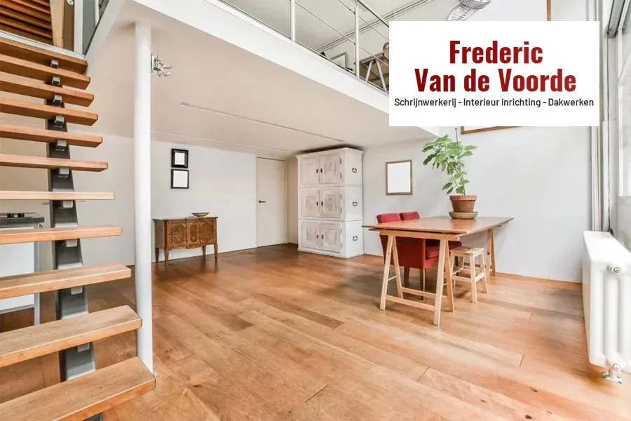 Woonruimte met een brede houten plankenvloer rond een open trap