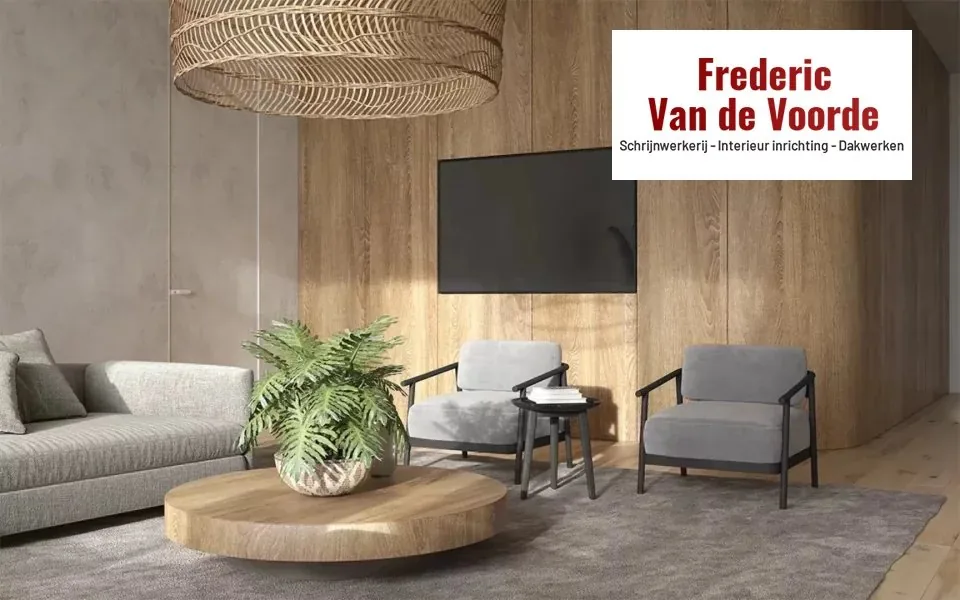 Zithoek met een volledige wand in houten bekleding achter het televisiescherm
